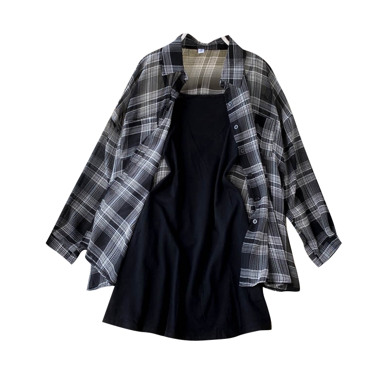 LY VAREY LIN Summer Autumn Casual Two Piece Set Long Sleeve Plaid Grey Overcoats Spaghetti Strap Slim Black Solid Dress 210708