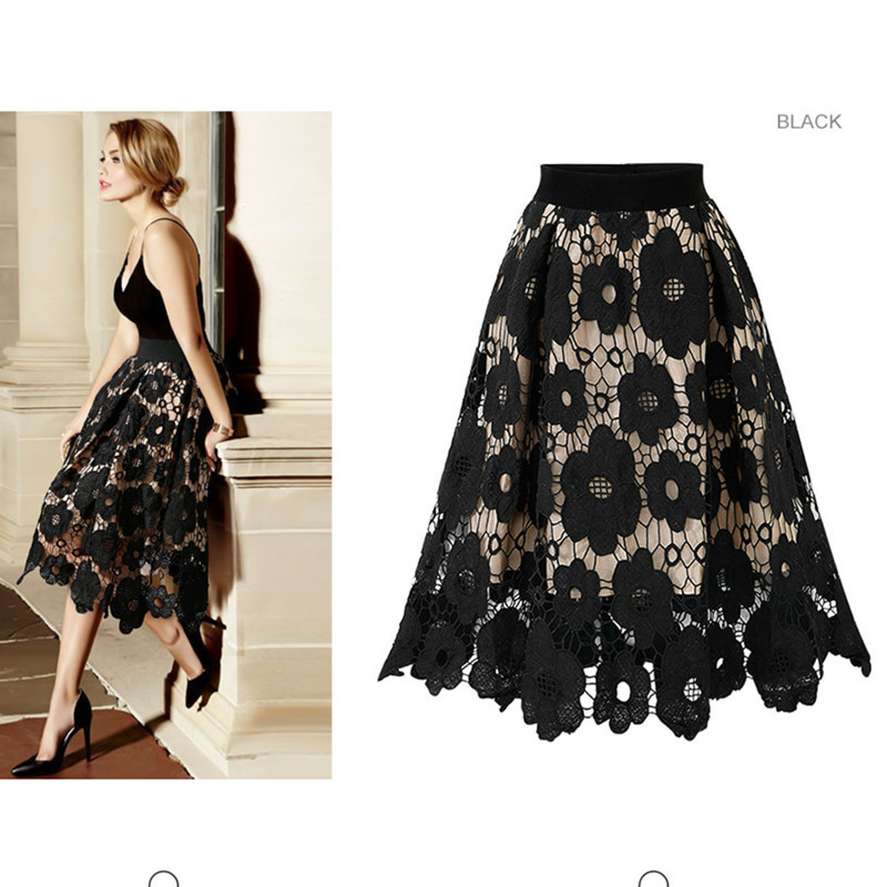 Good Quality Summer High Elastic Waist Lace Skirt Women Vintage Floral Crochet Hollow Out Ball Gown A-Line Mid-calf Skirt 210309