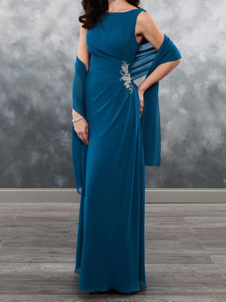 Hunter Chiffon Mother of the Bride Dress with Wrap High Waist Applique Open Back Side Zipper Floor Length