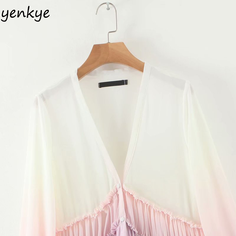 Multicolor Gradient Print Long Maxi Dress Women V Neck Long Sleeve Ruffle Holiday Boho Beach Dress A-line Chiffon Summer Dress 210309