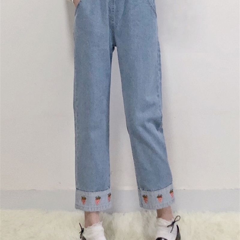 Merry Pretty Harajuku Women 2 piece Set Cotton Sweet Sweatshirt Peach Embroidery White Hoodies and strawberry denim pants sets 201103