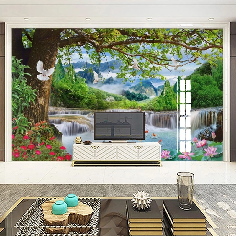 Custom Mural Green Big Tree Forest Waterfall Nature Landscape 3D Photo Wallpaper Bedroom Living Room Background
