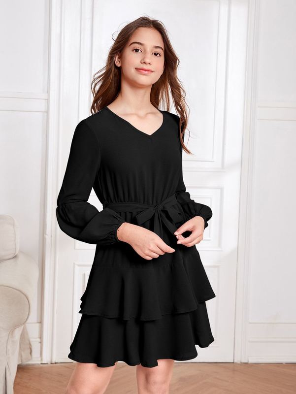 Teen Girls Lantern Sleeve Two Layer Hem Belted Dress SHE