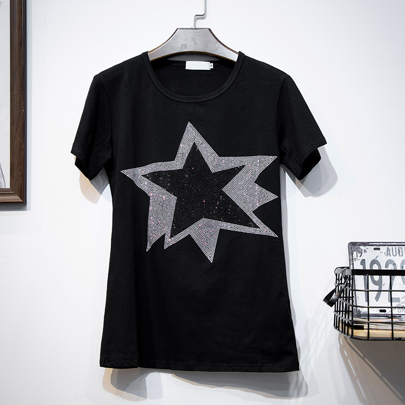 New Hot Diamonds cotton summer short sleeve T-shirt All-match leisure Pullovers Black Stars pattern clothes for women tops 210306