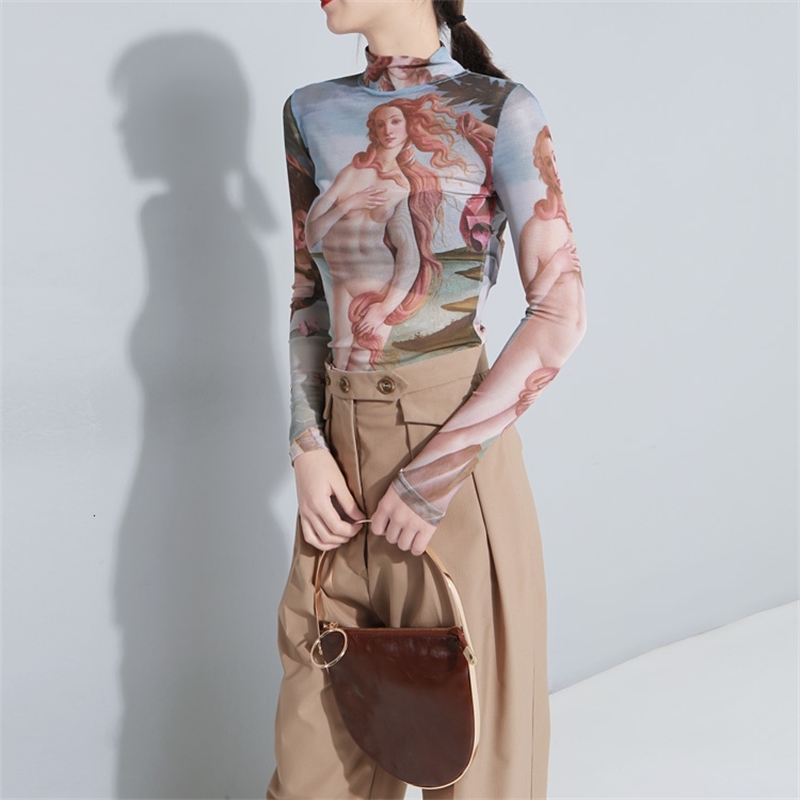 Korea Female Sexy Tee Tops Print Elastic Mesh Top Painting Long Sleeve Women Shirts Vintage Blouse blusas Tattoo clothes Q549 210225