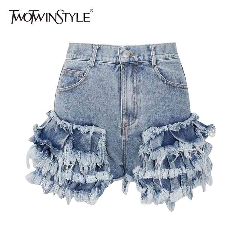 TWOTWINSTYLE Sexy Party Patchwork Denim Women's Shorts High Waist Tassel Pocket Slim Female Fashion Clothing 210724
