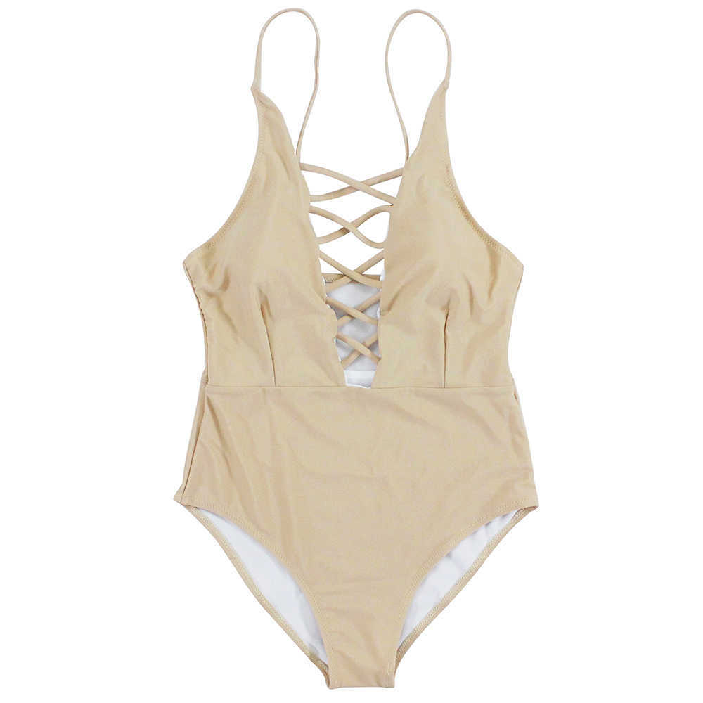 Women Sexy Crisscross Plunge Swimwear Backless Monokini Swimsuit Bandage Bathing Suits Beachwear Swim Wear 210611