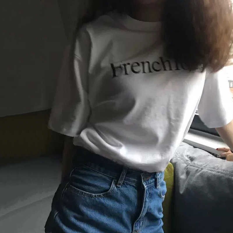 Korejpaa Women T-Shirt Summer Korean Chic Girls Simple Versatile Round Neck Loose Casual Printed Letters Short-Sleeved Top 210526