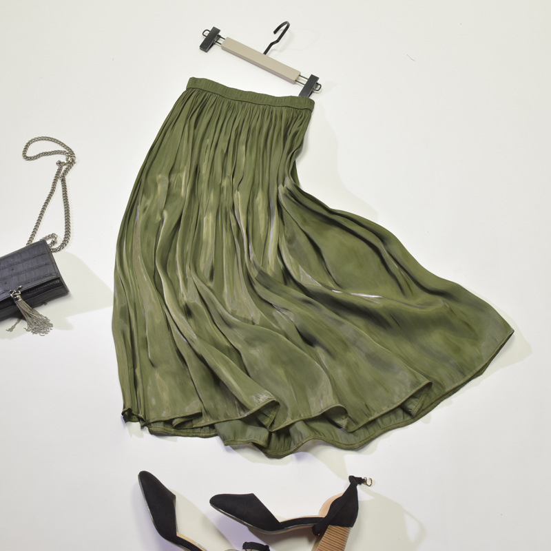 Spring Korean Style Pleated Skirt Elastic Waist Pearl Luster Silk Slippery Faldas Largas Elegantes 210306