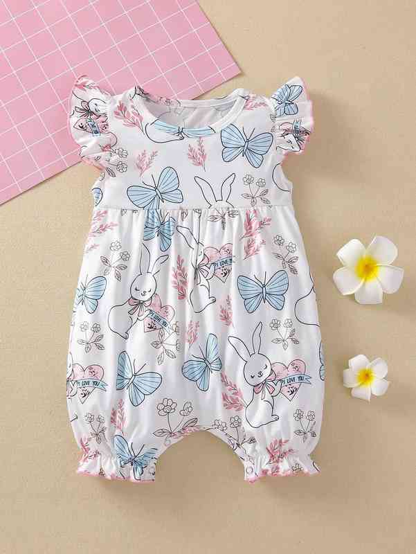 Baby Girl Cartoon Rabbit And Floral Print Romper SHE
