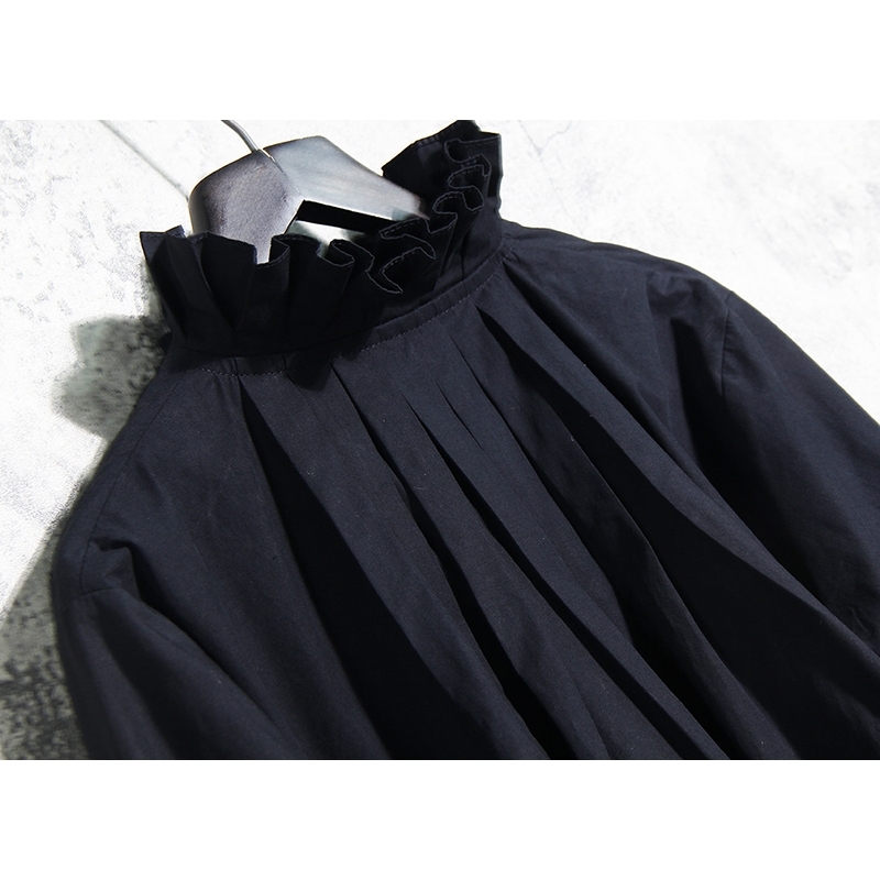 TWOTWINSTYLE Vintage Asymmetrical Women Blouse Stand Collar Flare Long Sleeve Irregulaer Hem Ruched Ruffles Shirt For Female New 210225