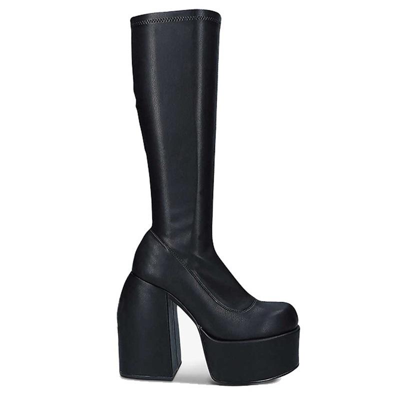 Boots Punk Style Autumn Winter Elastic Microfiber Shoes Woman Ankle High Heels Black Thick Platform Long Knee