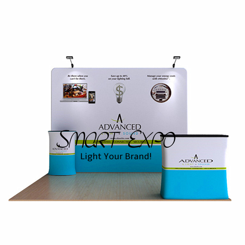 Promotional Portable Exhibition Counter Advertising Display with HDF Top-Bottom Boards Thick Aluminum Tube Tension Fabric Printed Graphic Carry Bag