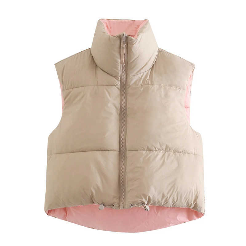 Stylish Sweet Pink Double Wear Drawstring Cropped Vest Coat Women Fashion Stand Collar Zipper Waistcoat 210910