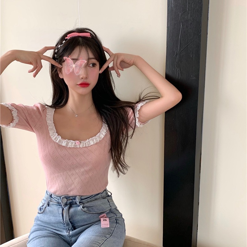 Lace Hollow-out Square-Cut Collar Pink Thin Sweater Women's Summer New Short-Sleeved Slim-Fit Viscose Fiber Top 210306
