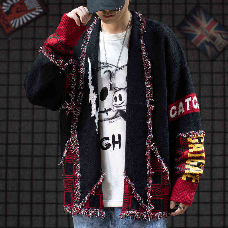 Hip Hop Colorblock Tassel Cardigan Sweater Harajuku Streetwear Patch Cardigans Outwear Men Raw Edges Plaid Knitted Sweaters 211102