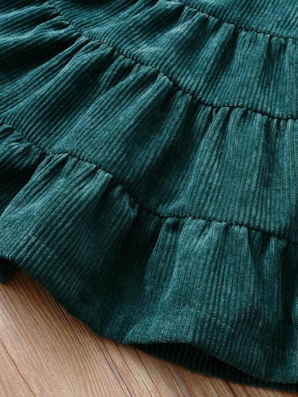 Baby Corduroy Button Back Puff Sleeve Ruffle Hem Dress SHE
