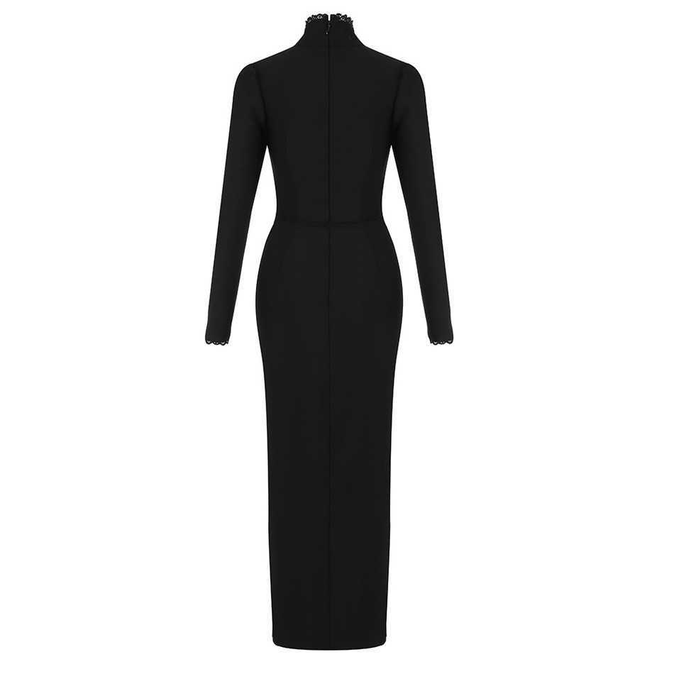 Winter Women'S Fashion Sexy Tight Black High-Neck Hollow Long-Sleeved Split Long Celebrity Party Dress 210525