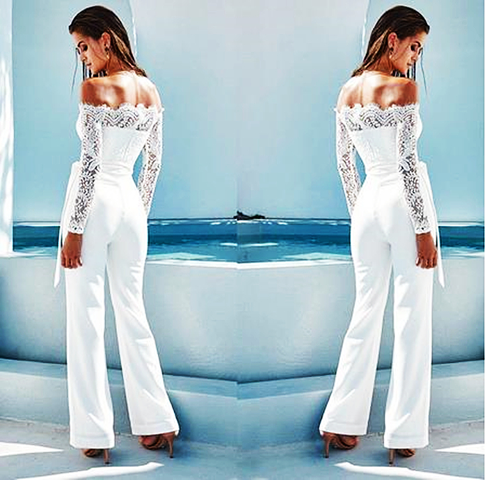 Stylish White Ivory Jumpsuit Prom Dresses Lace Long Sleeves Bateau Neck Pant SUits 2021 Women Formal Evening Gowns Special Occasion Wear