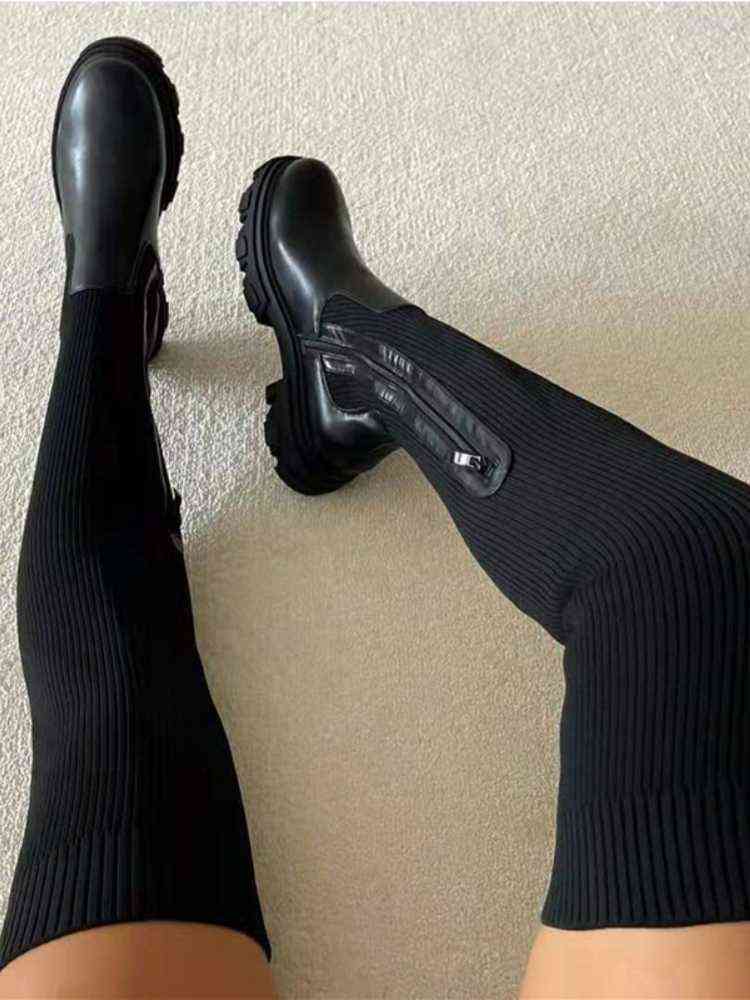 Flats Shoes Thick Sole Boots Autumn Winter Breathable Knitting Upper Women Thigh High Boots 2021 Stretch Round Thigh High Boots Z260129