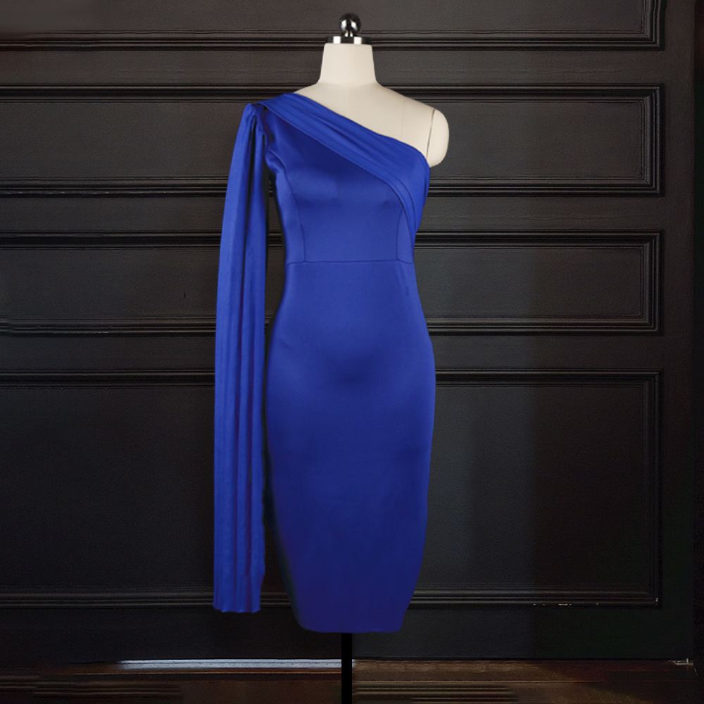 Women Party Dress Blue Elegant Celebrity Sexy One Shoulder Ruched Ribbon Bodycon Plus Size Red Dinner Date Out Night Dresses XL 210309