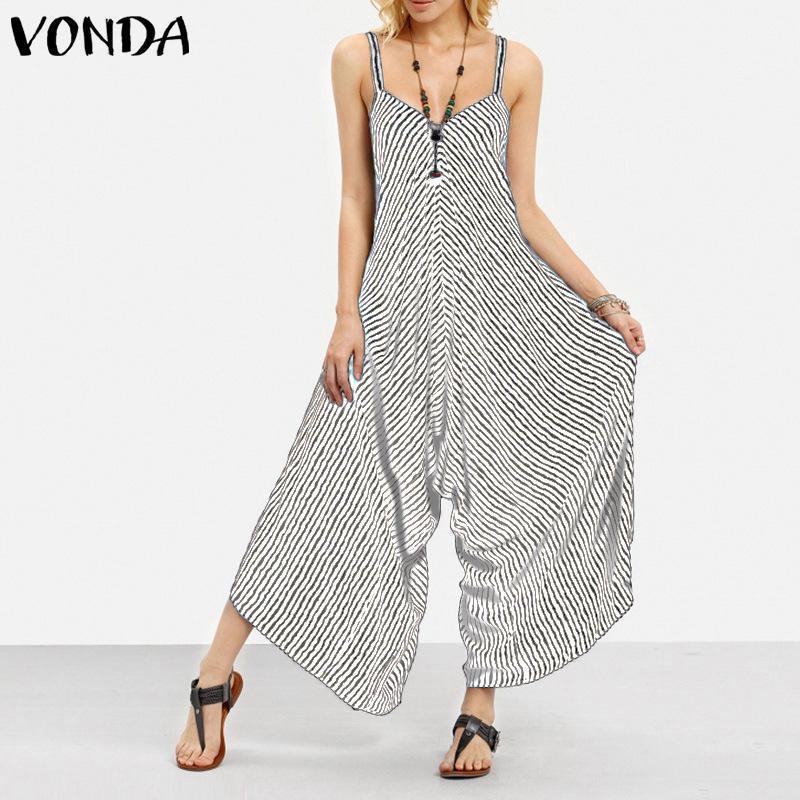 Plus Size Combinaison Femme Stripe Overalls Women Jumpsuits VONDA Backless Rompers Playsuit Female Harem Pants Pantalon 5XL Y200904
