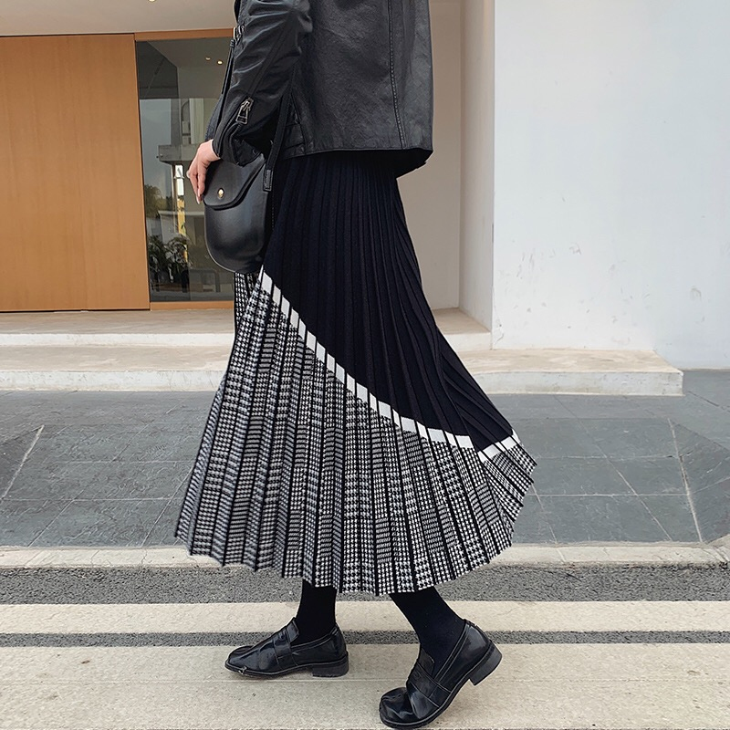 High Quality Women's Knitted Skirt Fall Winter Fashion Houndstooth Hit color Patchwork Skirt Pleated Thick Black Warm Skirts 210309