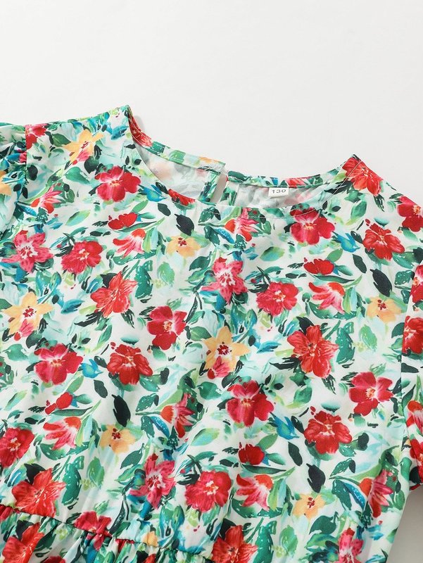 Girls Allover Floral Print Puff Sleeve Dress SHE