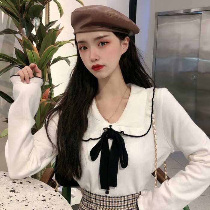 Nomikuma Autumn Sweet Bow Tie Knitwear Korean Ruffle Turn-down Collar Knitted Cardigan Slim Long Sleeve Sweater 6D075 211014