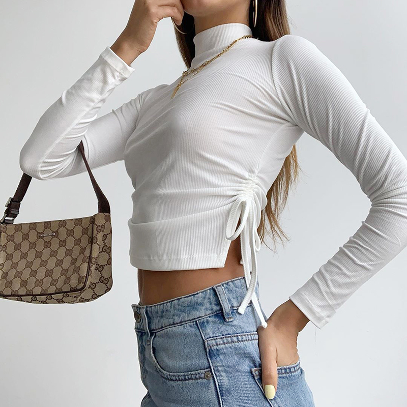 Casual Solid Turtleneck Long Sleeve Y2k Crop Top Black T-Shirt Side Drawstring Ruched White Tee Shirt Female Clothing Women 210302