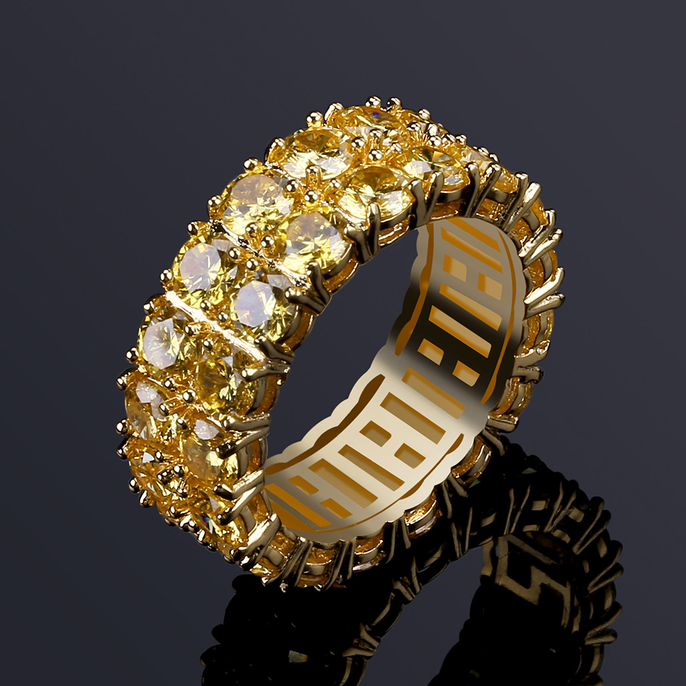 Design Gold Color Mens Ring Micro Pave 2 Row Chain Big 3A Gold Zircon Shiny Hip Hop Finger Rings For Men Women Jewelry