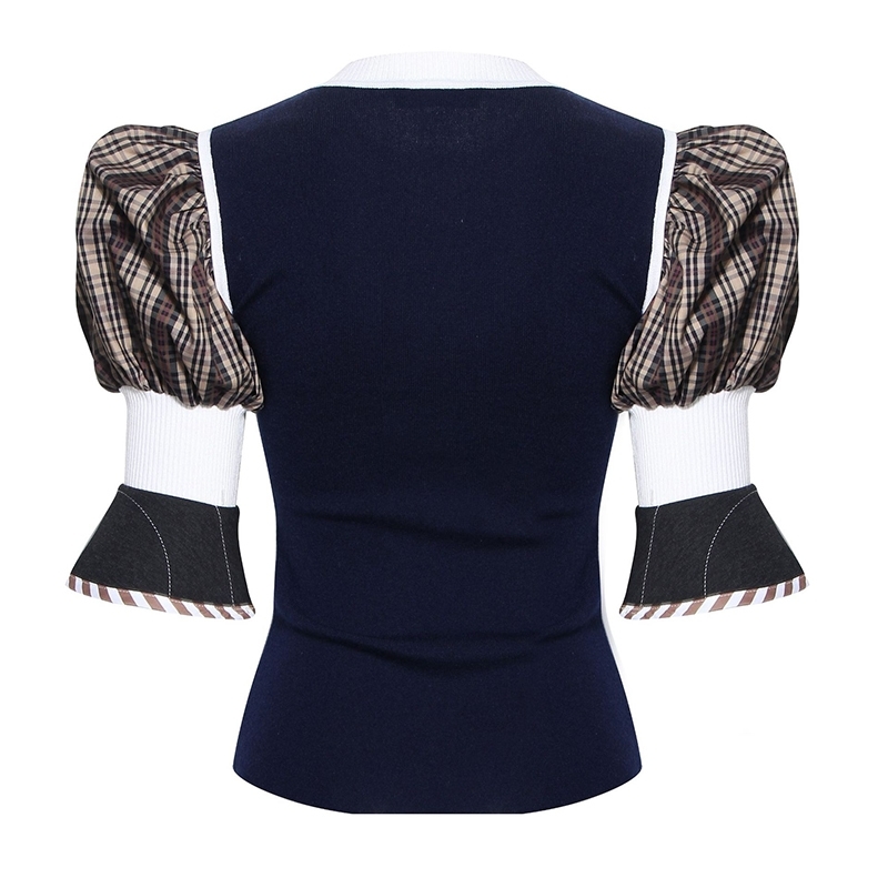 [EAM] Women Plaid Split Knitting Temperament T-shirt New Round Neck Long Puff Sleeve Fashion Tide Spring Summer 2021 1T923 210302