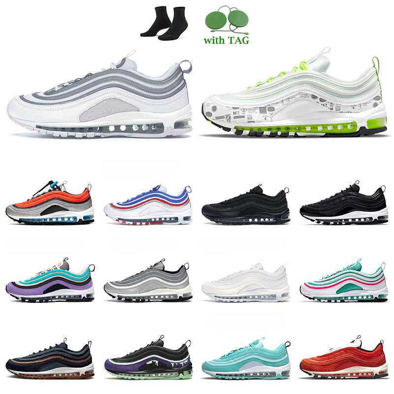 

97 Sports New Arrival Airmax 97s Women Mens Designer Running Shoes Air Max Cushion Reflective Triple White Grey Black Cork Obsidian MSCHF Outdoor Jogging Trainers, B48 36-45 reflective logo