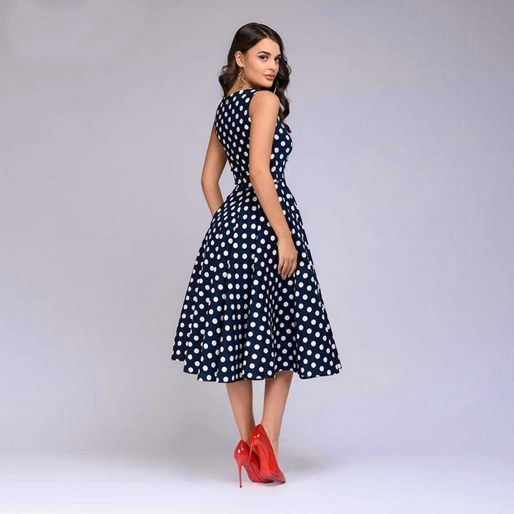 Fashion Women Elegant Dress Summer Dot Print Sleeveless Vintage Zip Flare Retro Knee Length Polka 210630