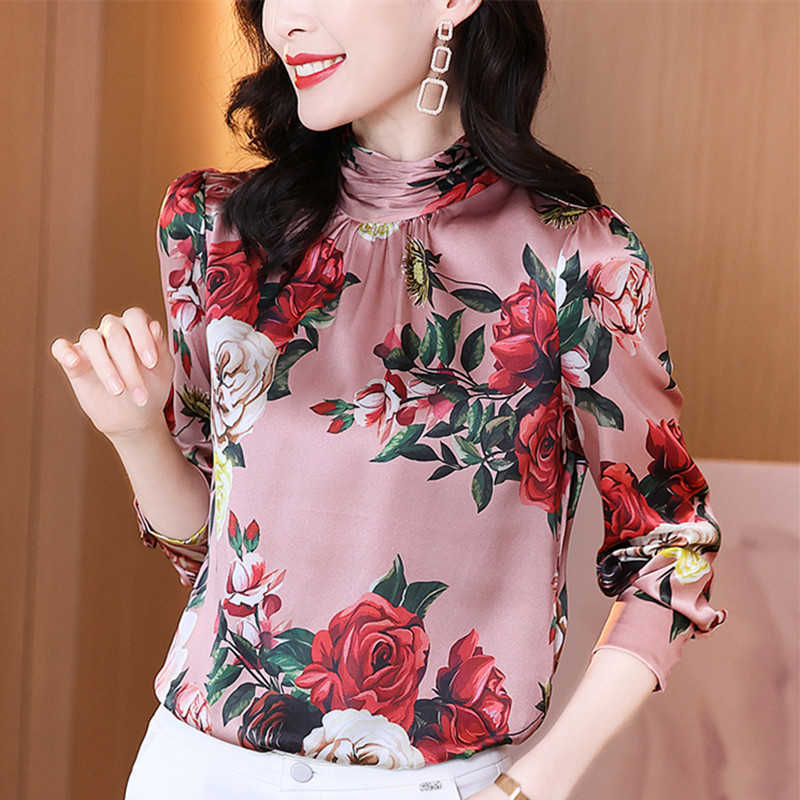 Korean Silk Blouse Women Satin Print s Shirts Long Sleeve Tops Plus Size Woman Shirt s 210604