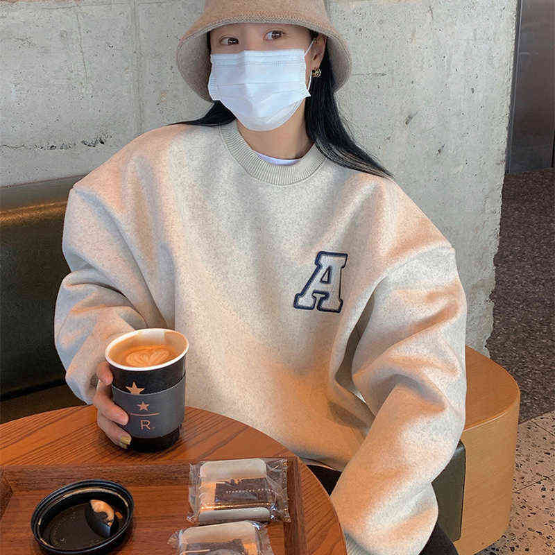 Nomikuma Causal Letter Fleece Thicken Pullover Sweatshirt Korean Autumn Winter Women Hoodies Long Sleeve Top Jumpers 6D611 211109