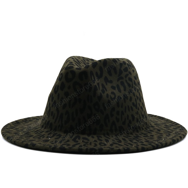 Wide Brim Army Green Leopard Red Bottom Fedora Ladies Wool Felt Hat Women Men Party Trilby Jazz Church Hats Patchwork Panama Cap