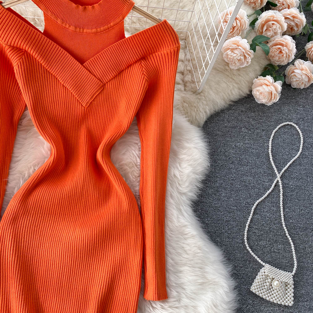 New design womens o-neck candy color off shoulder sexy bodycon tunic knitted knee length dress