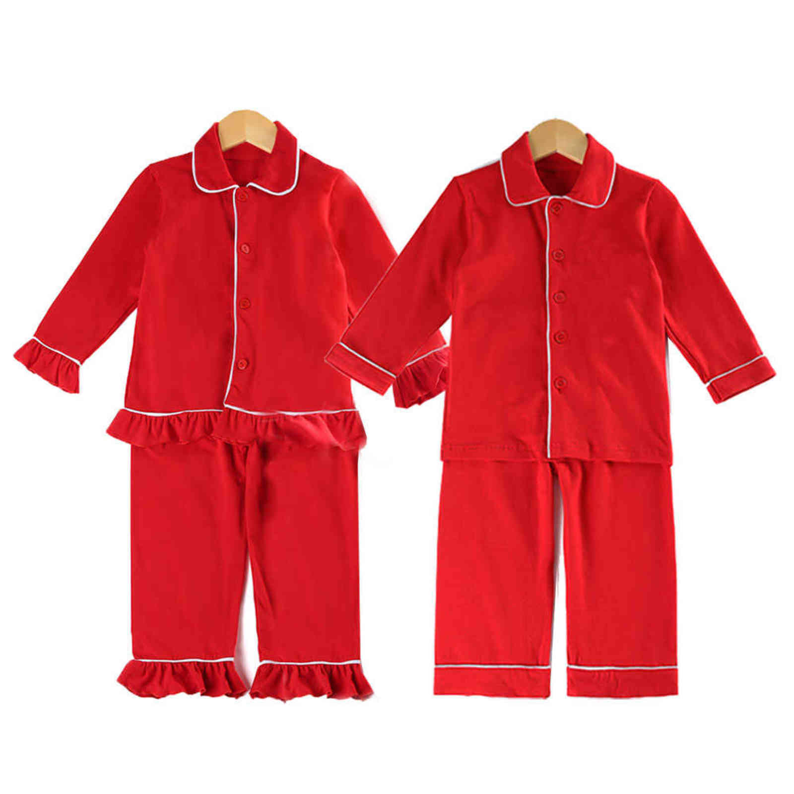 Winter Boutique Velvet Fabric Red Kids Clothes Pjs With Lace Toddler Boys Set Pyjamas Girl Baby Sleepwear 211102