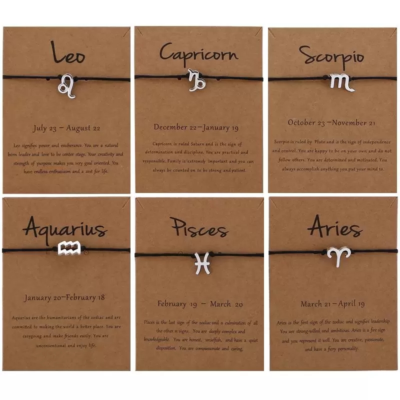 Black Wax Chain 12 Horoscope Bracelet Gold Silver Zodiac Symbol Bracelets Constellation Hand Chain for Women Men Brithday Nice Jewelry Gift with Paper