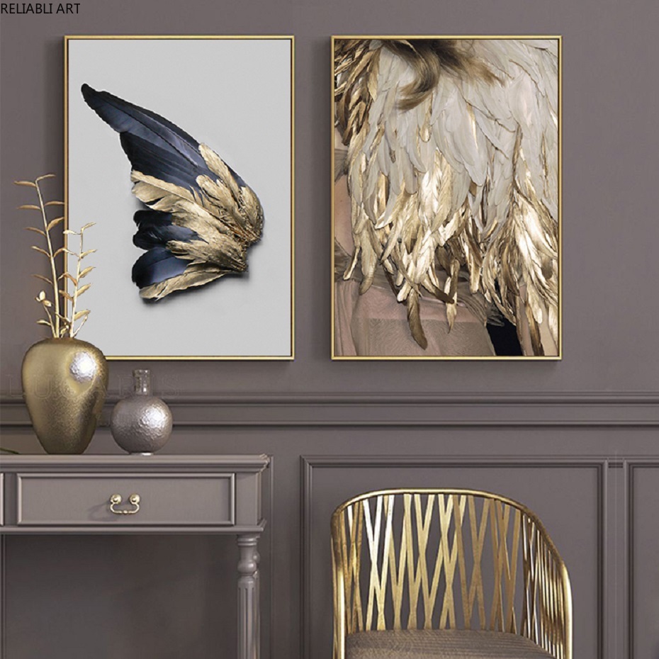 Nordic Golden and Black Wing Wall Art Canvas Paintings Abstract Leaves Wall Art Prints and Posters for Living Room Home Decor