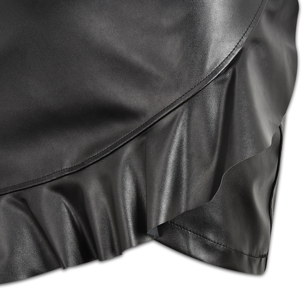 Sexy Leather Pu Skirt For Ladies Black Ruffle Asymmetric Women Mini Skirt High Waist Flare Fashion Office Female Skirt D25 210306
