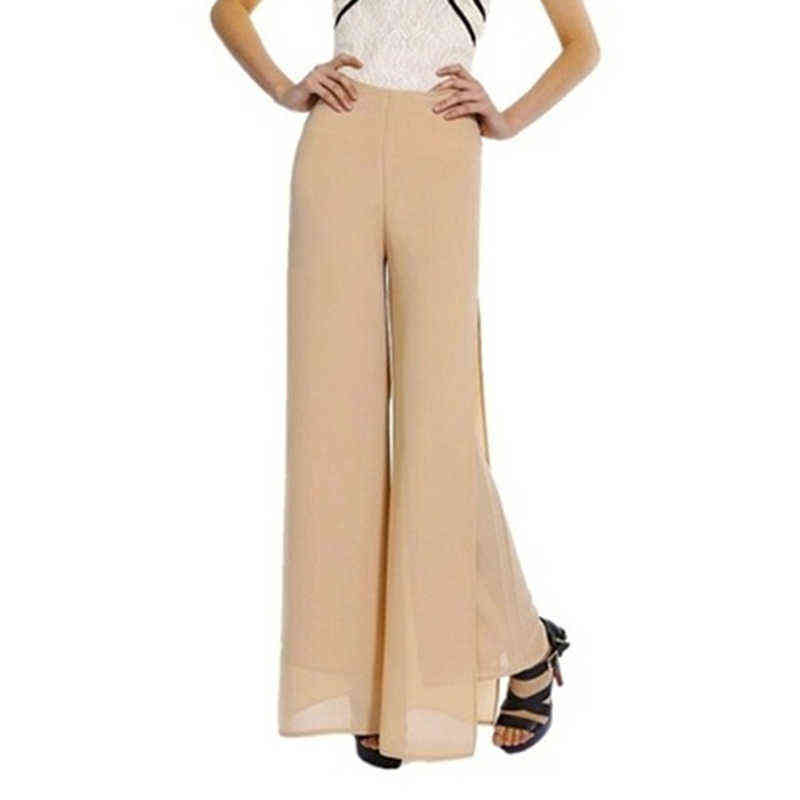 Sale Summer Female Wide Leg Pants Womens High Waist Double Layers Split Chiffon Loose Black Elegant Trousers 211115