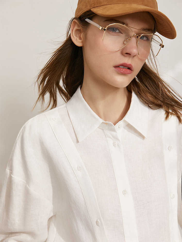 Minimalism Spring Summer Women's Tops Offical Lady 100%Linen Irregular Hem Female Blouse Causal Women Shirt 12170022 210527