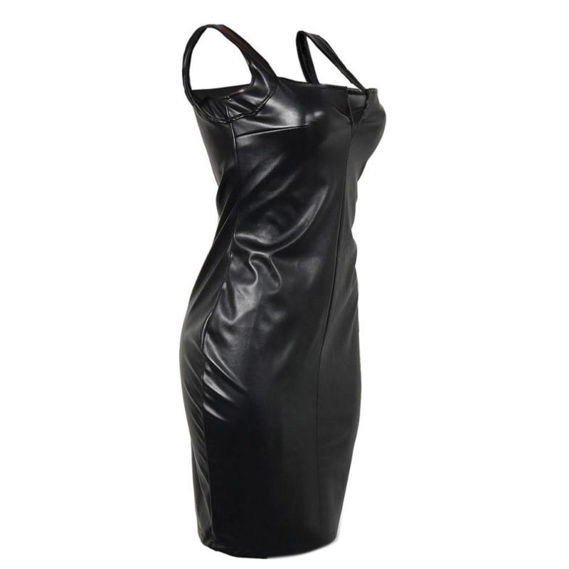 Bandage Bodycon Sleeveless black PU dress Women Club Evening Party sexy vintage modis wrap Short Midi Dress robe sexy