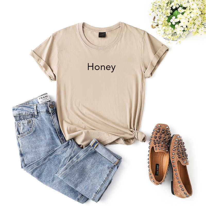 Casual 100% Cotton Women T-Shirt O-Neck Short Sleeve Honey Letter Print Fashion Summer Female Tees W730 210526