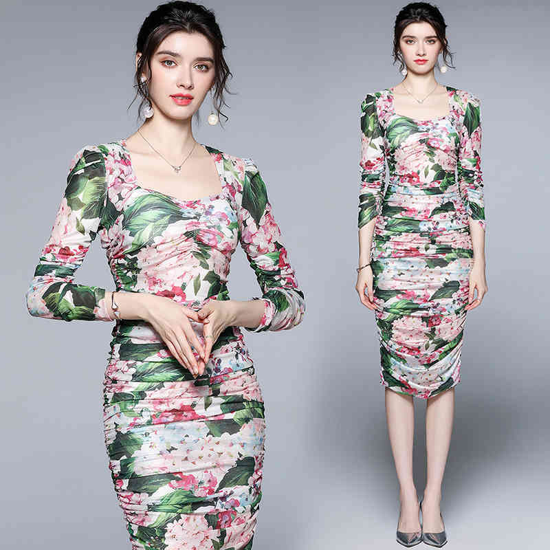 Summer Fall Print Dress Women Arrival Square neck Mesh Pleated Stretch Wrap Bodycon Hydrangea Catwalk Mid 210525, Blue