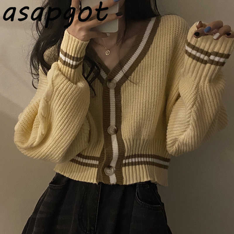 Korean Chic Autumn Loose Short V Neck Lazy Long Sleeve Striped Sweater Women Coat Clothes Thick Warm Crop Cardigan Casual Retro 210918