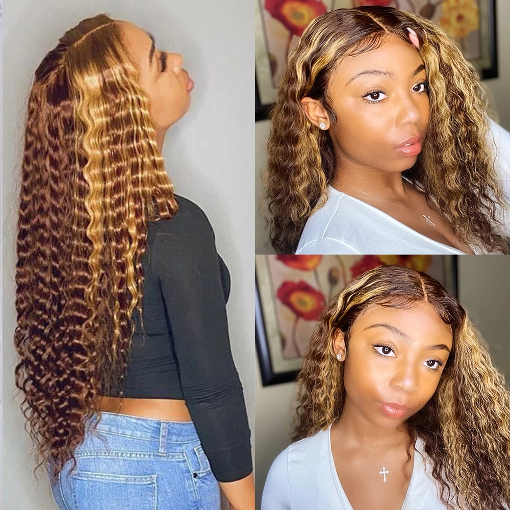 Highlight Color Human Hair Curly Deep Water Wave Frontal Wigs for Black Women Brazilian 13x1 T Part Blonde Synthetic Lace Fr