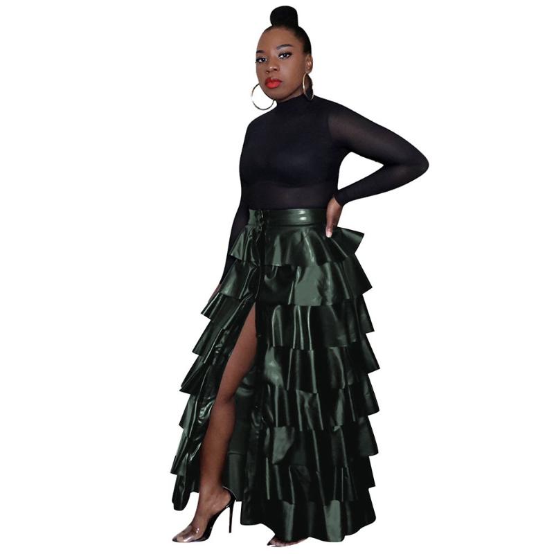 Skirts Korean Style Women Solid Color Multi-tiered Flounces Pu Leather Sexy Straigh Ankle Length Night Clubwear